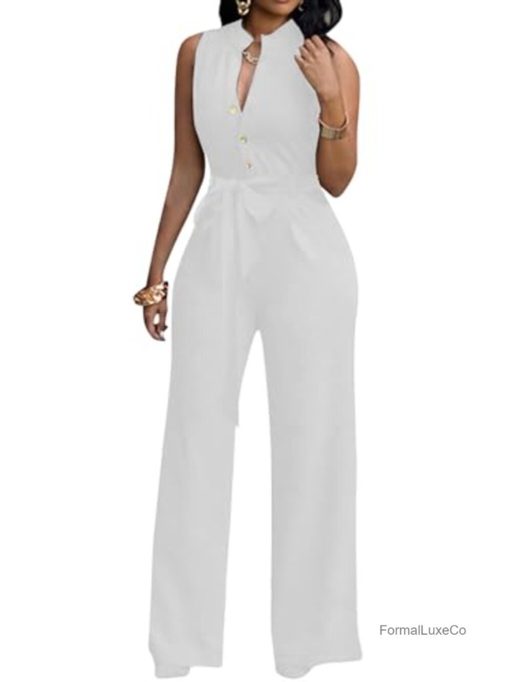 V Neck Wide Leg Jumpsuit Sleeveless High Waisted Button Down with Belt